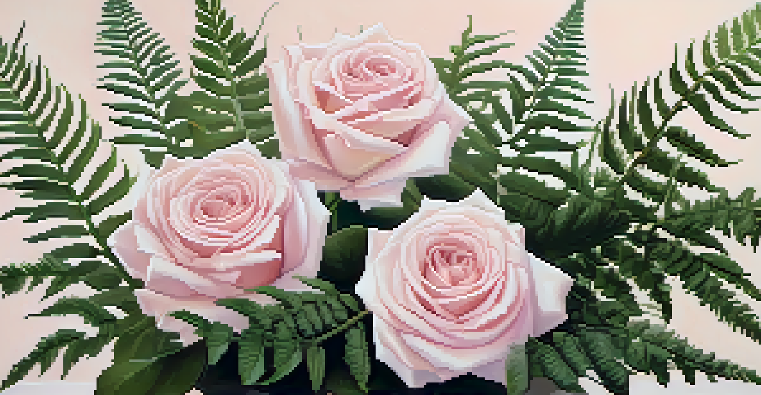 A serene floral design with soft pink roses and green ferns in a low arrangement, illuminated by soft lighting.