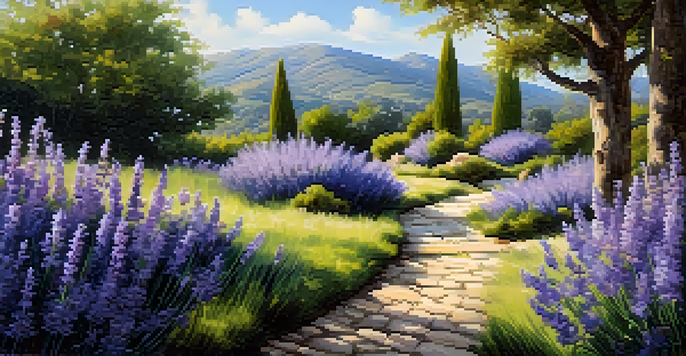 A colorful garden filled with blooming lavender flowers, with bees and butterflies around, and a stone pathway in the background.