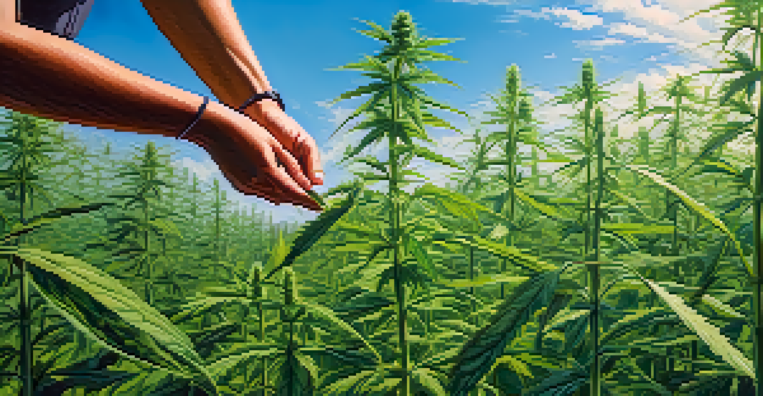 A field of hemp plants under a clear blue sky with sunlight filtering through the leaves, focusing on a hand touching the healthy stalks of hemp.