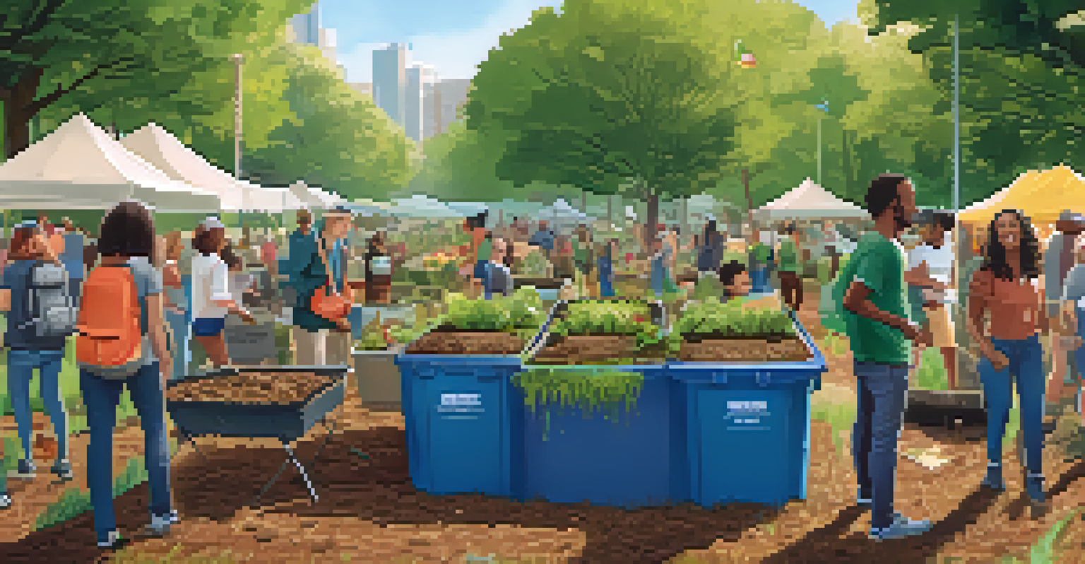 A community composting event in a park with people of various backgrounds participating, surrounded by greenery and sustainability banners.