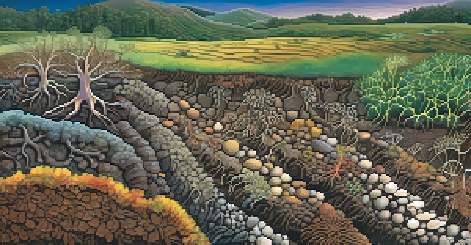 A detailed close-up of healthy soil with microorganisms and plant roots, highlighting soil health.