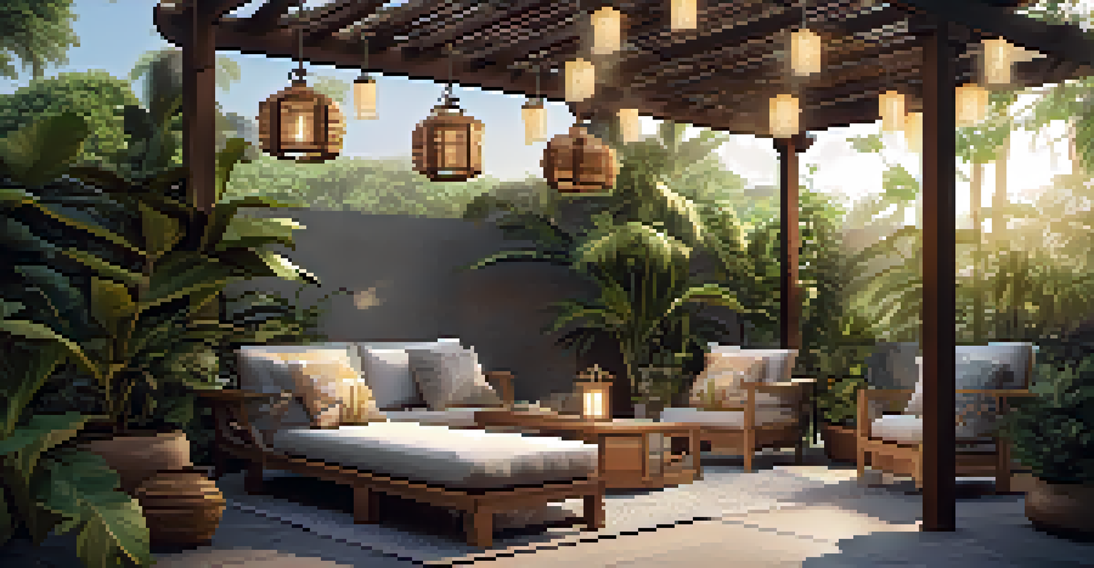 An outdoor seating area in a tropical garden with lounge chairs, a wooden pergola, and soft lantern lighting surrounded by lush plants.