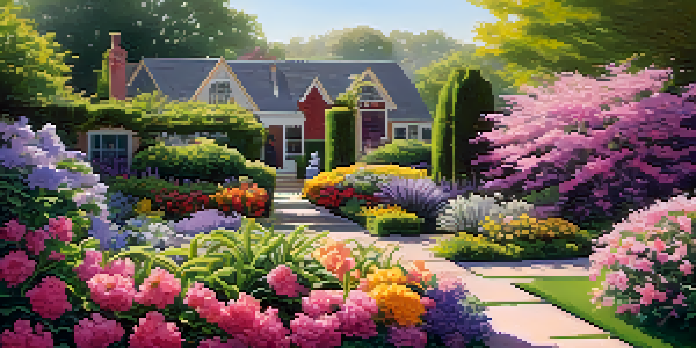 A gardener pruning colorful flowers in a lush garden under soft morning light.