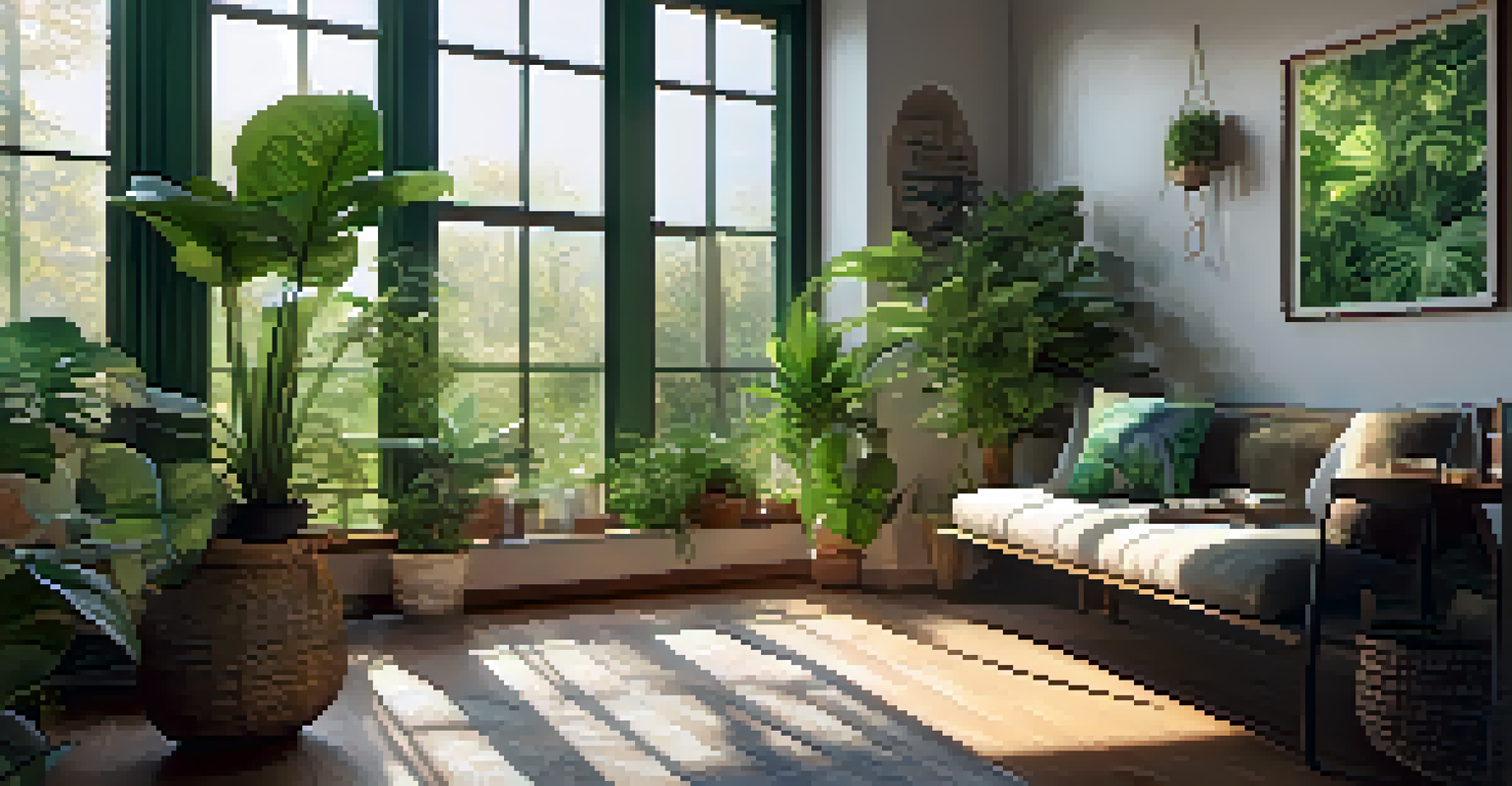 A cozy indoor space filled with houseplants and nature-inspired decor, with sunlight streaming in.