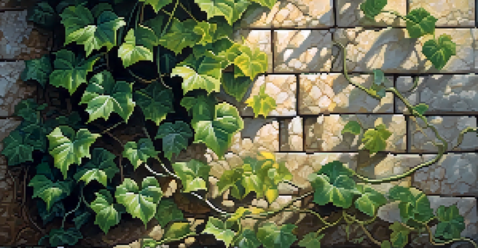 Close-up of ivy climbing a stone wall, showcasing green leaves illuminated by golden sunlight.