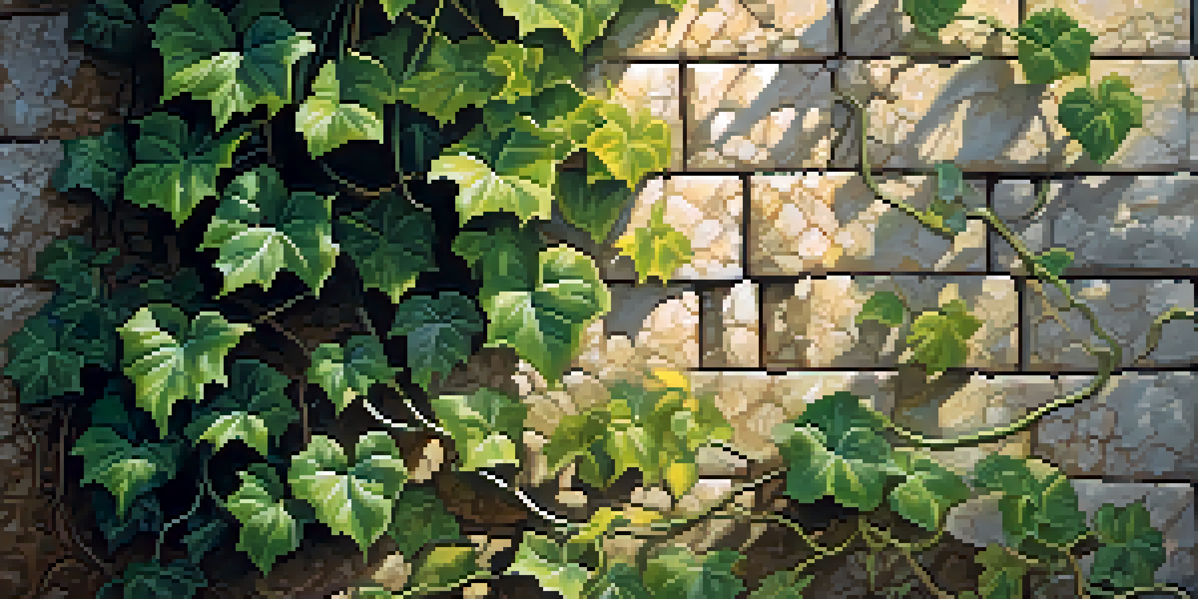 Close-up of ivy climbing a stone wall, showcasing green leaves illuminated by golden sunlight.
