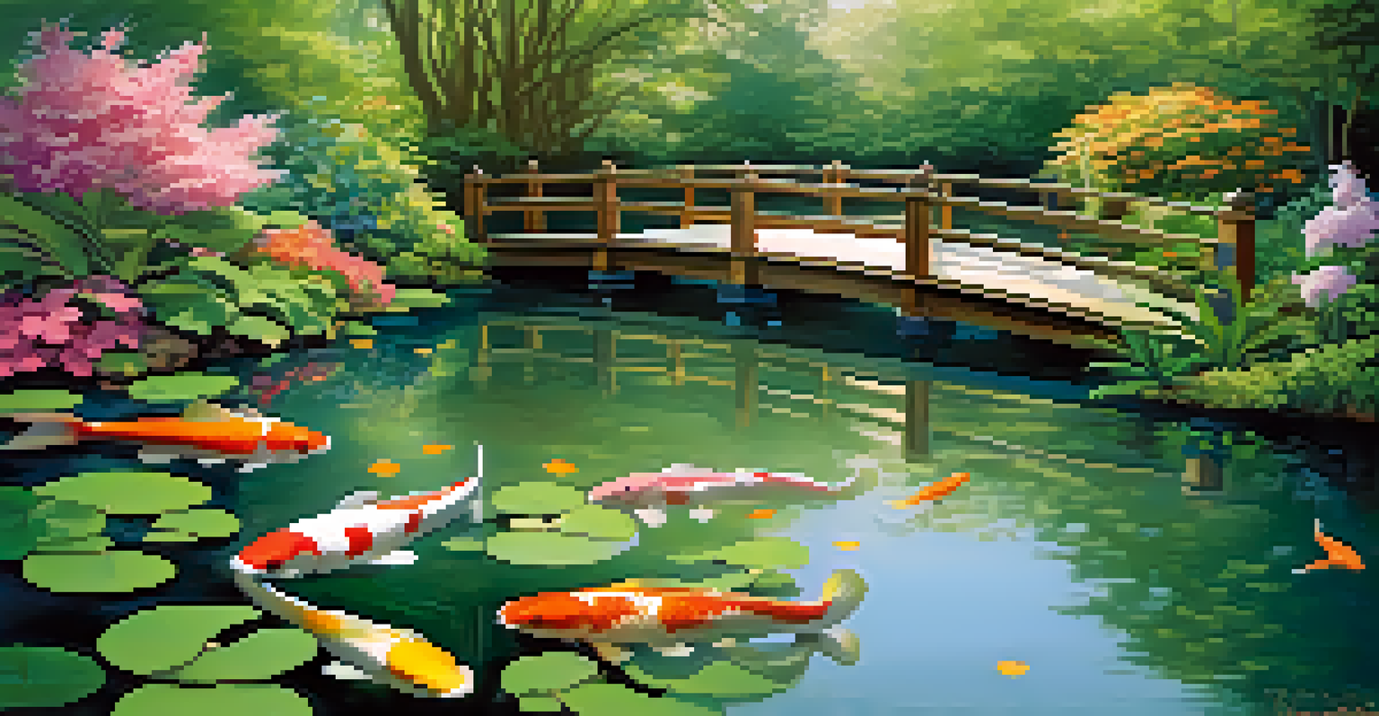 A peaceful pond in a botanical garden, surrounded by lush plants and a wooden bridge, with koi fish swimming beneath the surface.