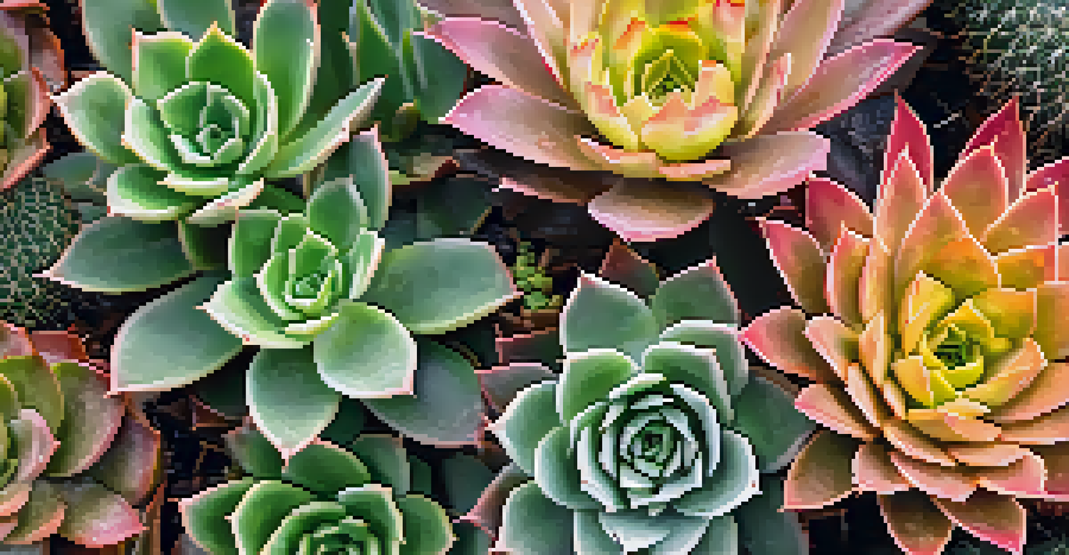 A close-up view of various succulents and a cactus, showcasing their textures and colors with dewdrops glistening in the light.