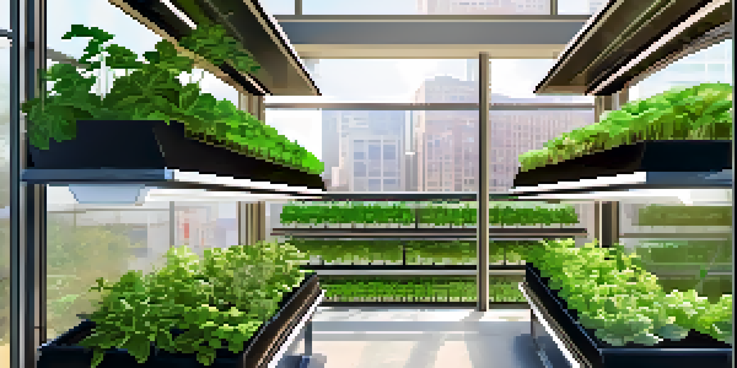 A hydroponic garden with vertical planters filled with leafy greens, illuminated by sunlight, against an urban backdrop.