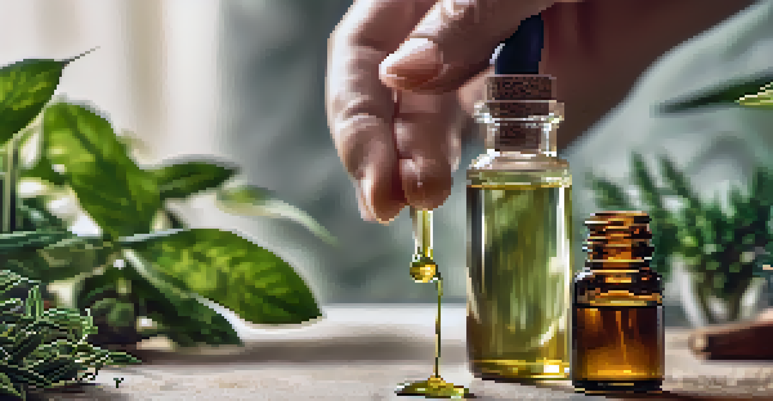 A close-up of a hand using a dropper above a glass bottle of essential oil, surrounded by plants and herbs.