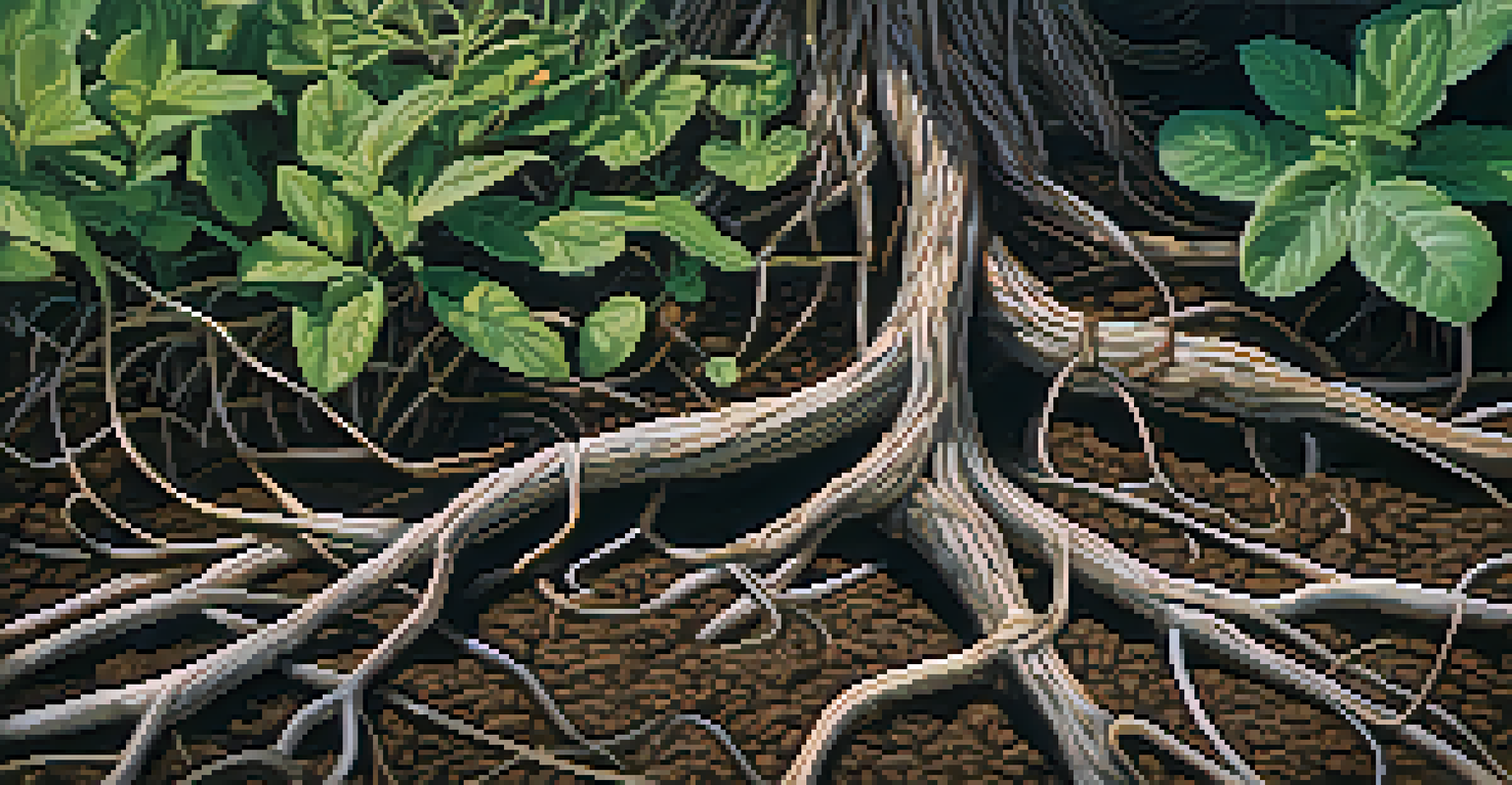 Close-up of native plant roots in dark soil with sunlight creating a dappled effect, showing small insects and microorganisms.