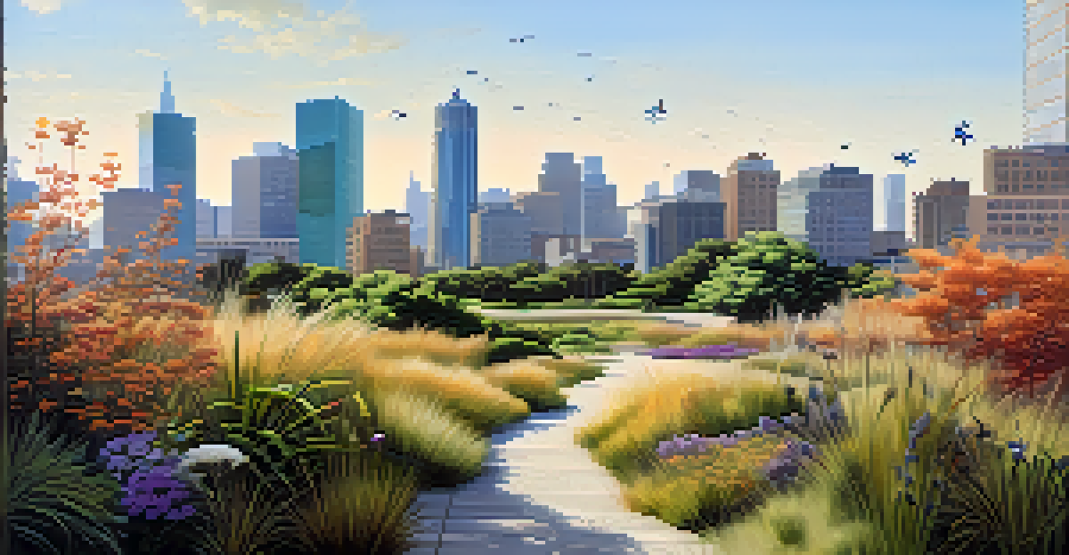 An urban green space filled with native plants and birds, set against modern buildings, showcasing the blend of nature and city life.