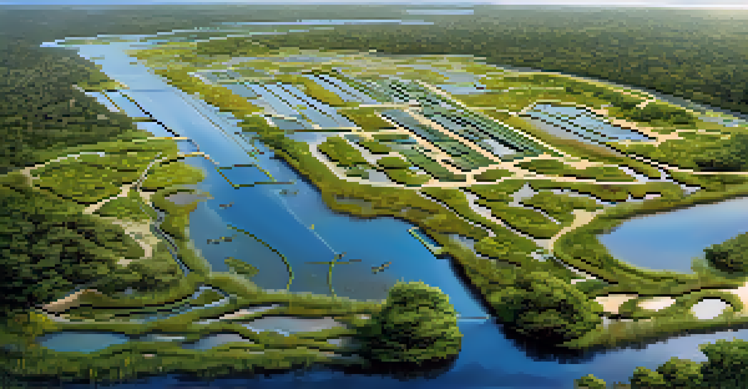 Aerial view of a constructed wetland with water channels, lush greenery, and wildlife, illuminated by golden sunlight.