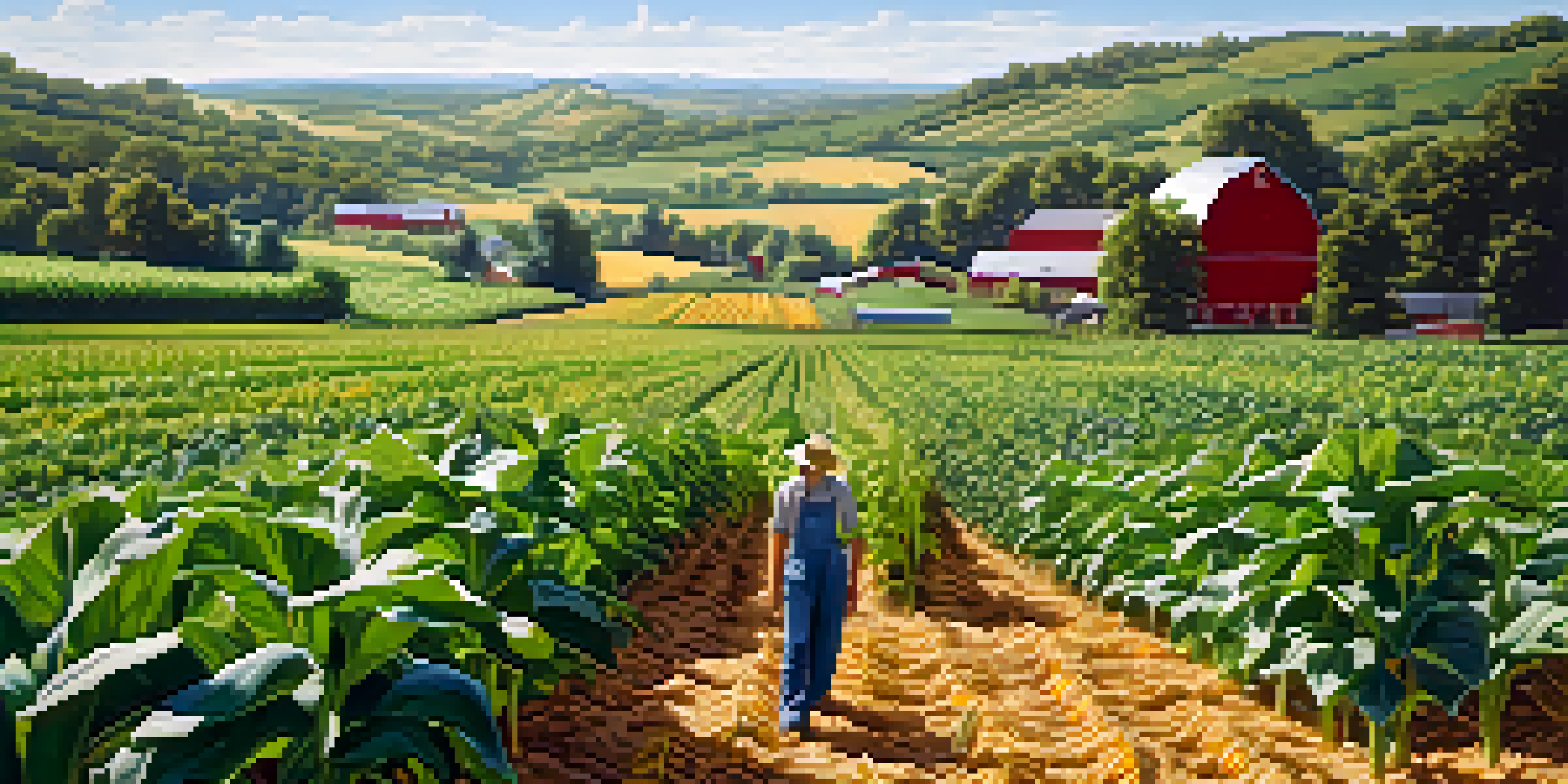 A colorful farm scene with different crops like corn, beans, and squash growing together, under a sunny sky with a farmer working in the field.