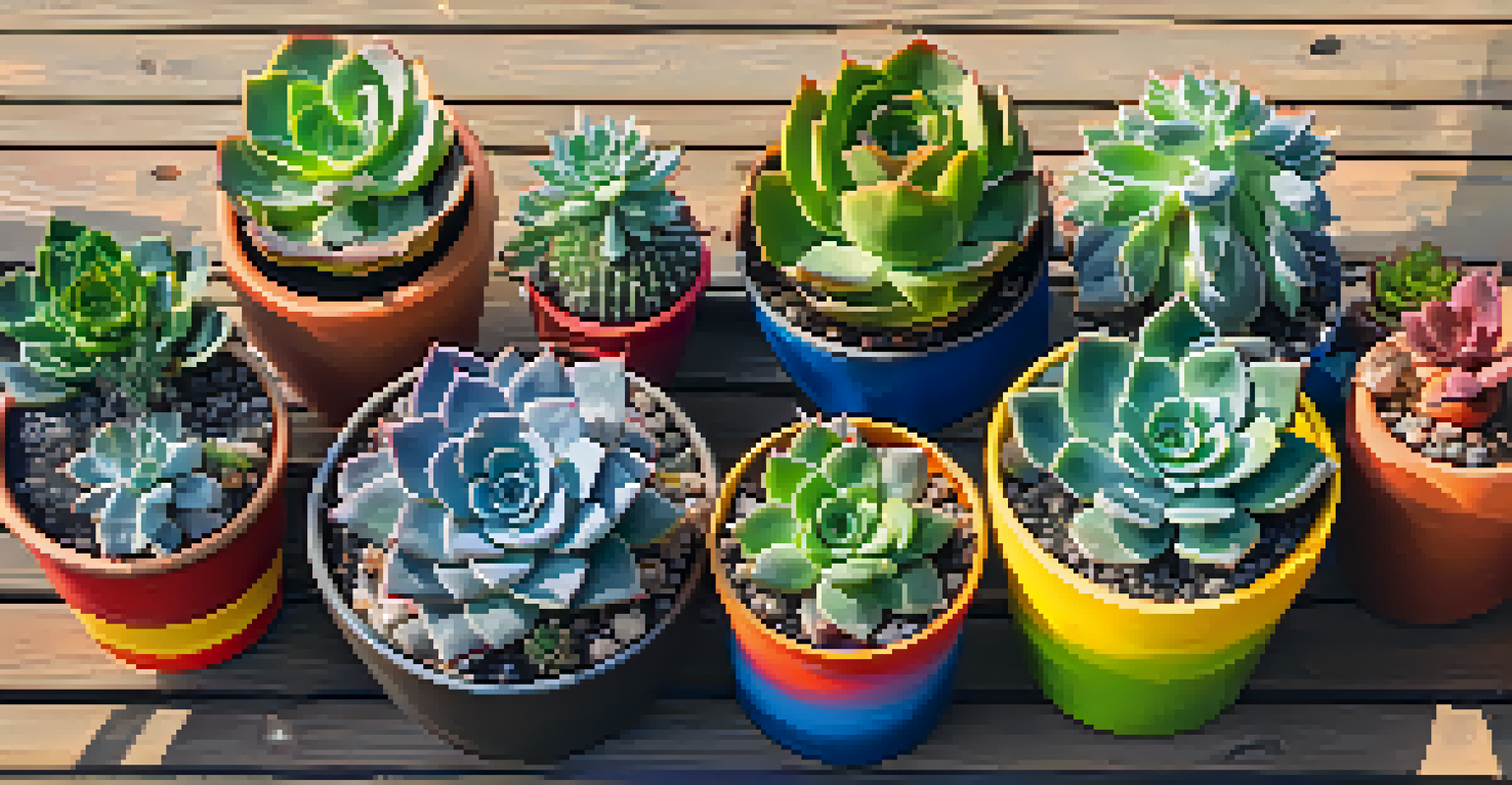 An overhead view of assorted succulents in colorful pots on a wooden table, with morning light creating soft shadows.