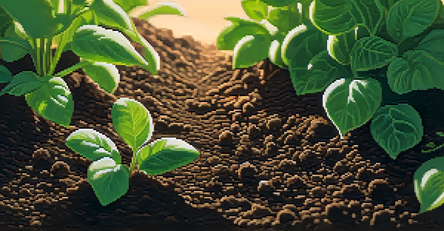 Close-up view of rich, dark brown soil with small plants sprouting, illuminated by sunlight filtering through leaves.