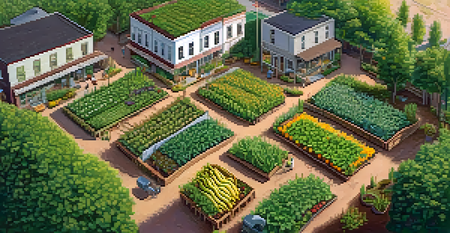 An aerial view of a community garden with corn, beans, and squash planted together, surrounded by colorful flowers.