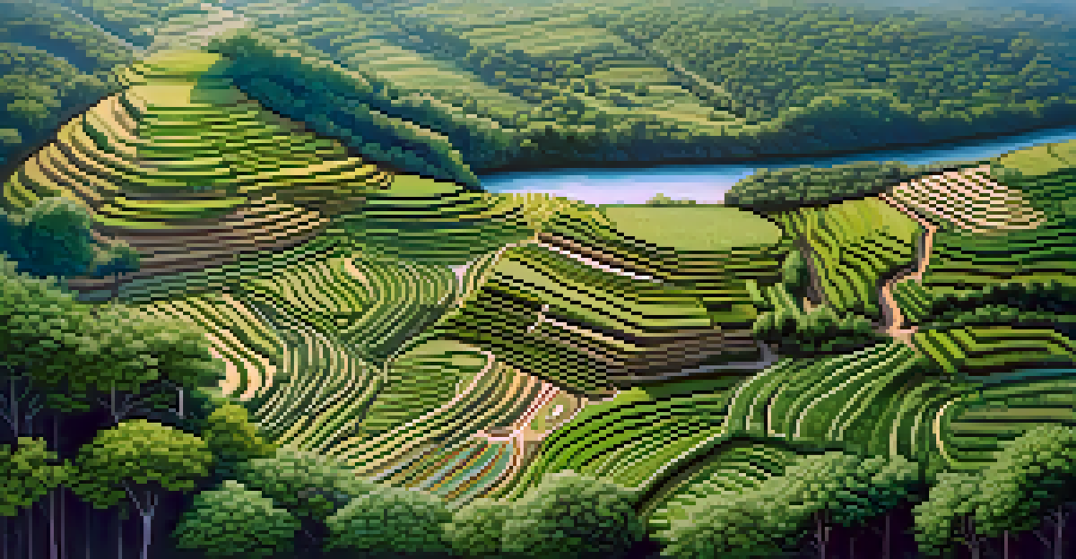 An aerial perspective of a diverse agroforestry system with tree terraces and crops, set against a scenic river and blue sky.
