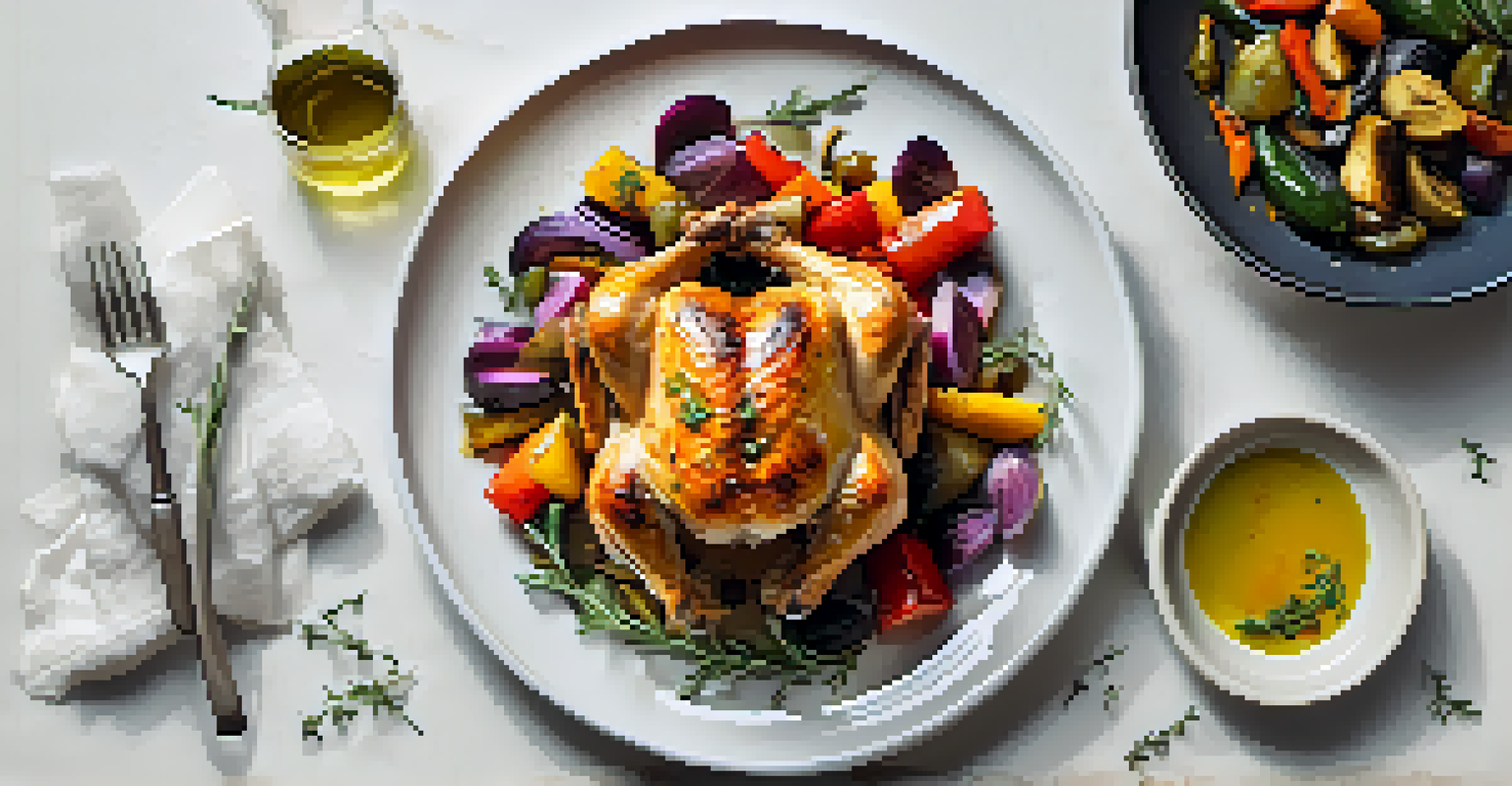 An overhead view of a Mediterranean dish with roasted chicken and vegetables, garnished with fresh thyme.