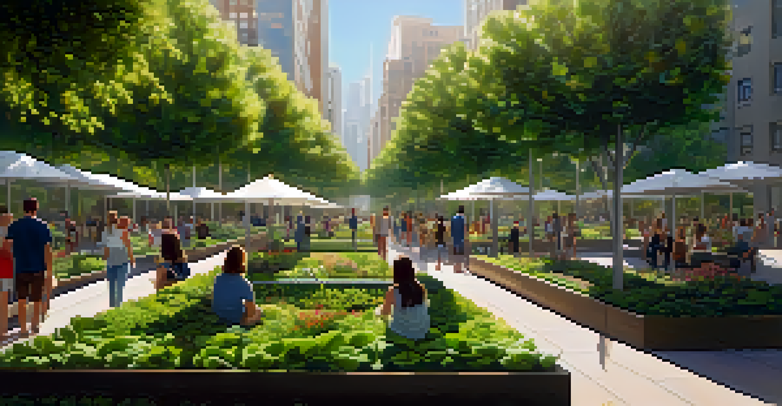 A lively urban park with a tall vertical garden and people enjoying the green space and sunlight.