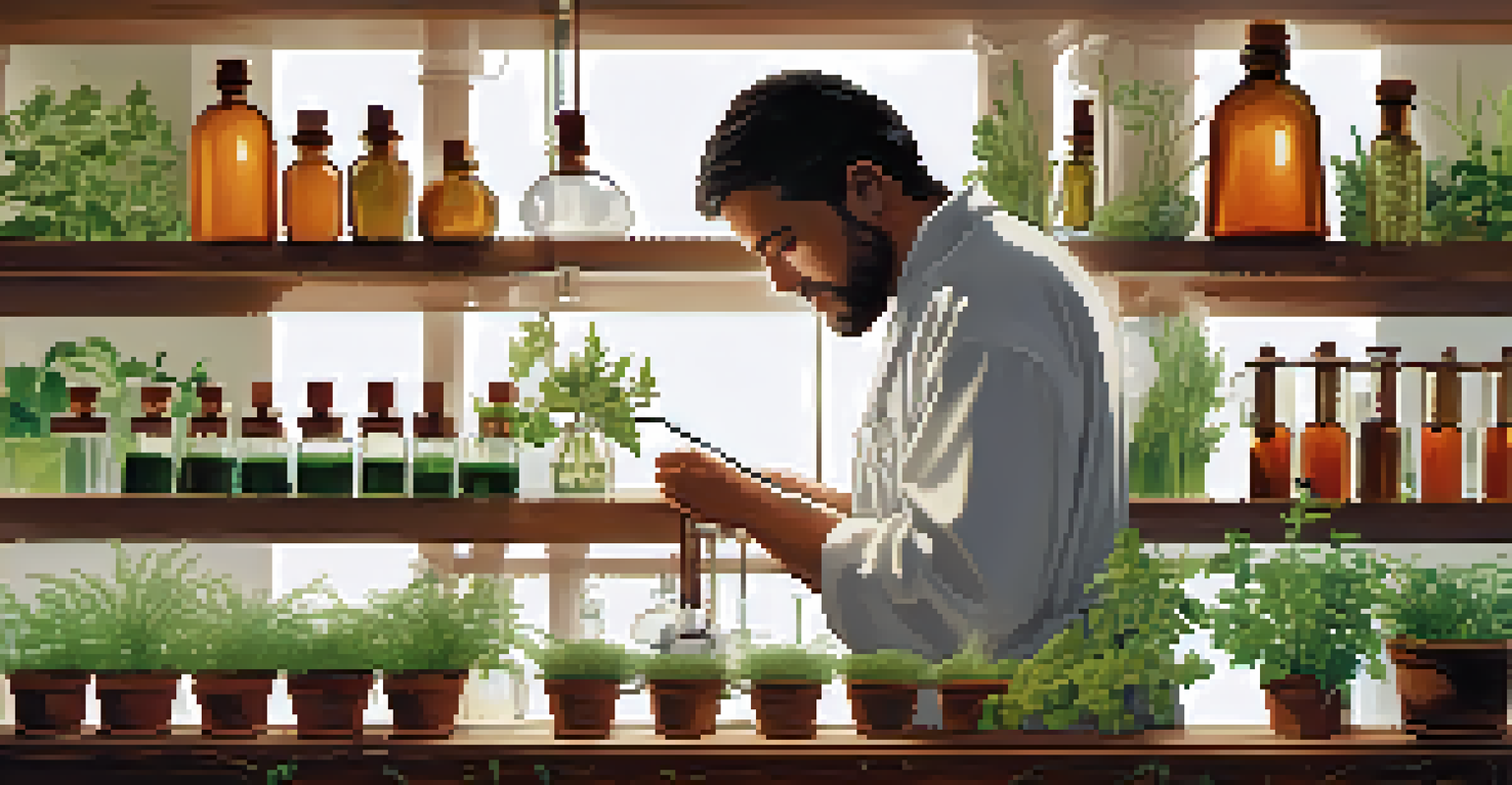 A split image showing a homeopathic practitioner preparing dilutions on one side and an herbalist making tinctures on the other.