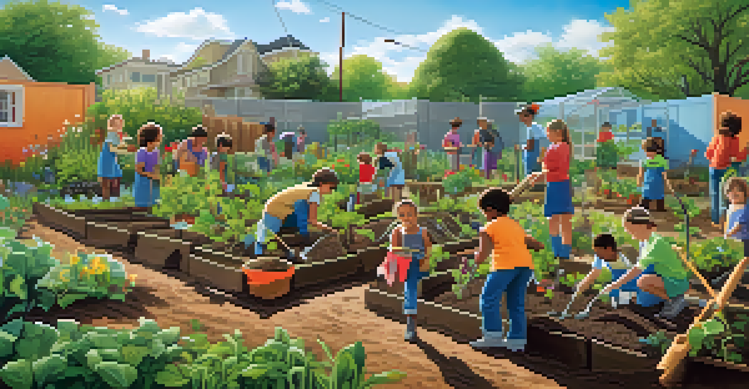 Children learning to plant in a community garden, with a teacher and colorful educational mural in the background.