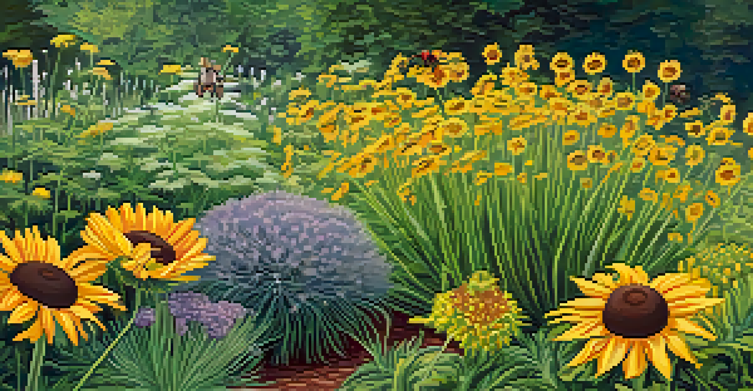 A flower bed with dill, fennel, and sunflowers attracting beneficial insects, showcasing vibrant colors and a balanced ecosystem.