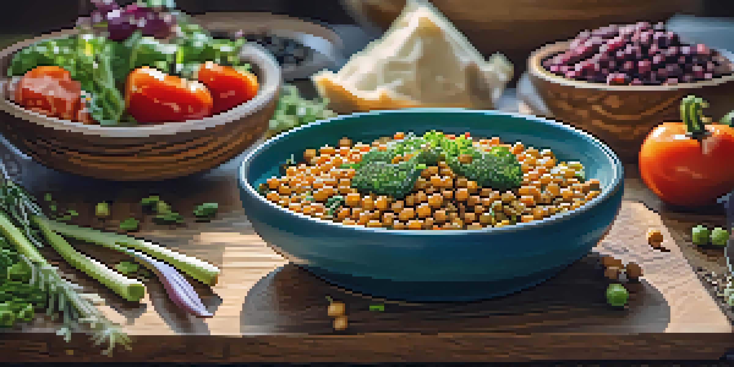 A colorful plate of plant-based foods featuring lentils, chickpeas, quinoa, and fresh vegetables on a wooden table.