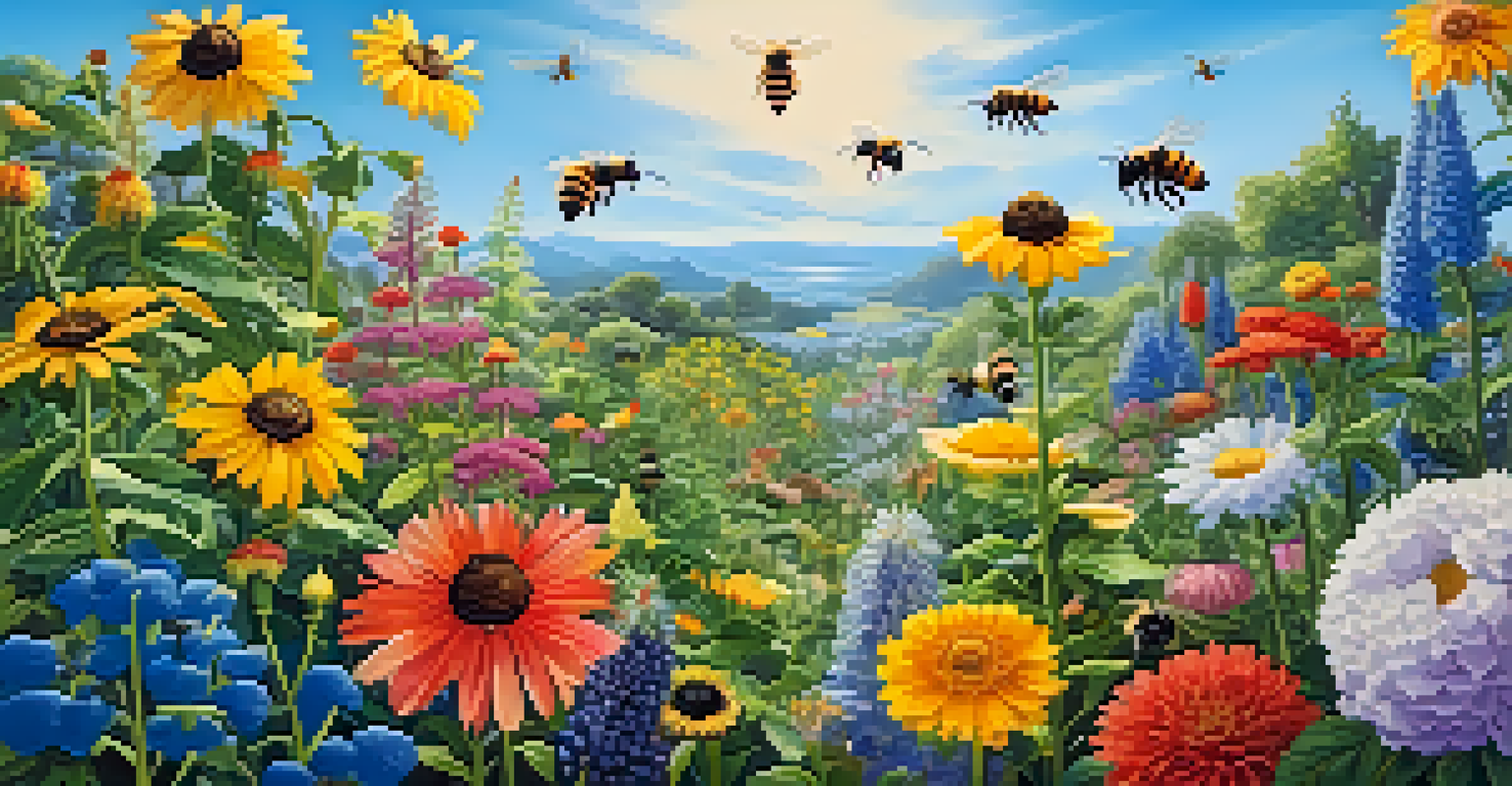 A colorful garden with various flowering plants and bees buzzing, under a clear blue sky.