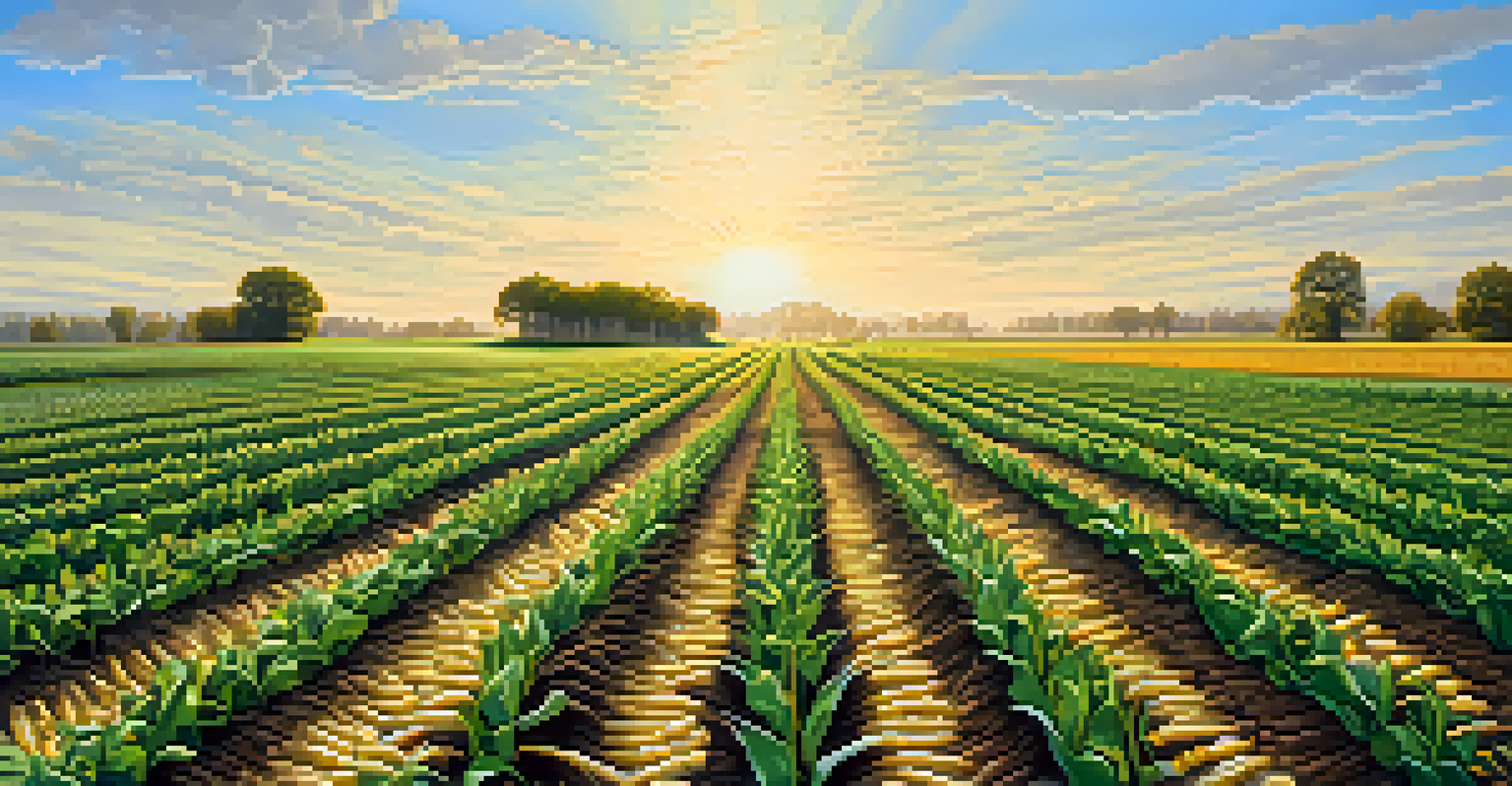 Agricultural field with healthy crops and visible mycorrhizal fungi, under a bright blue sky and golden sunlight.