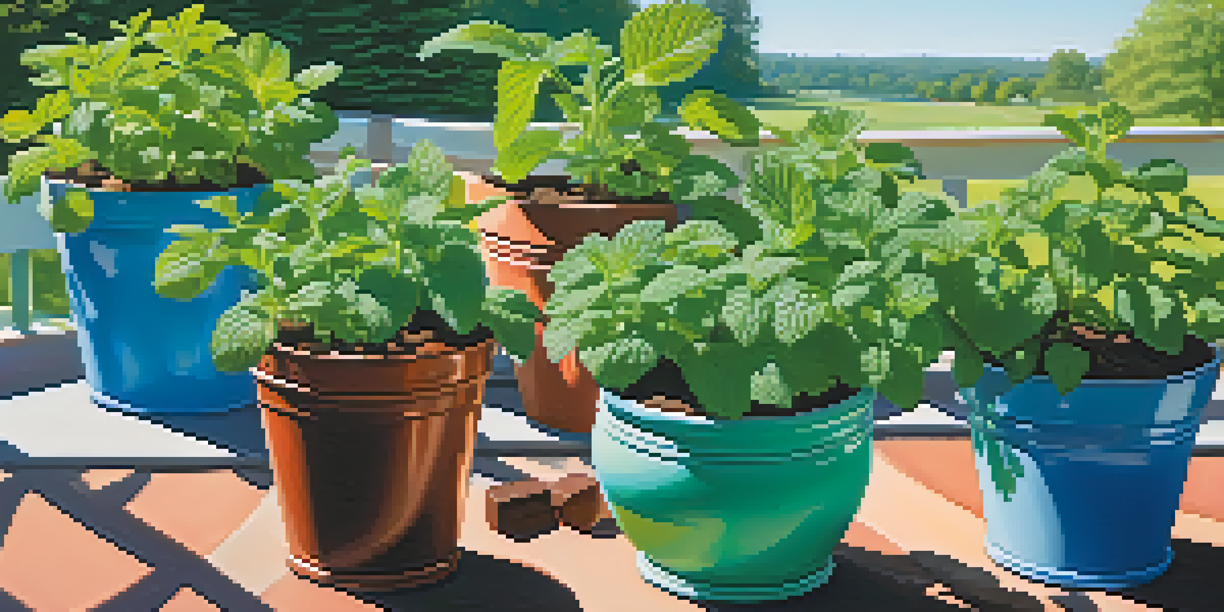 A colorful garden with different types of mint plants in pots, under a sunny blue sky.