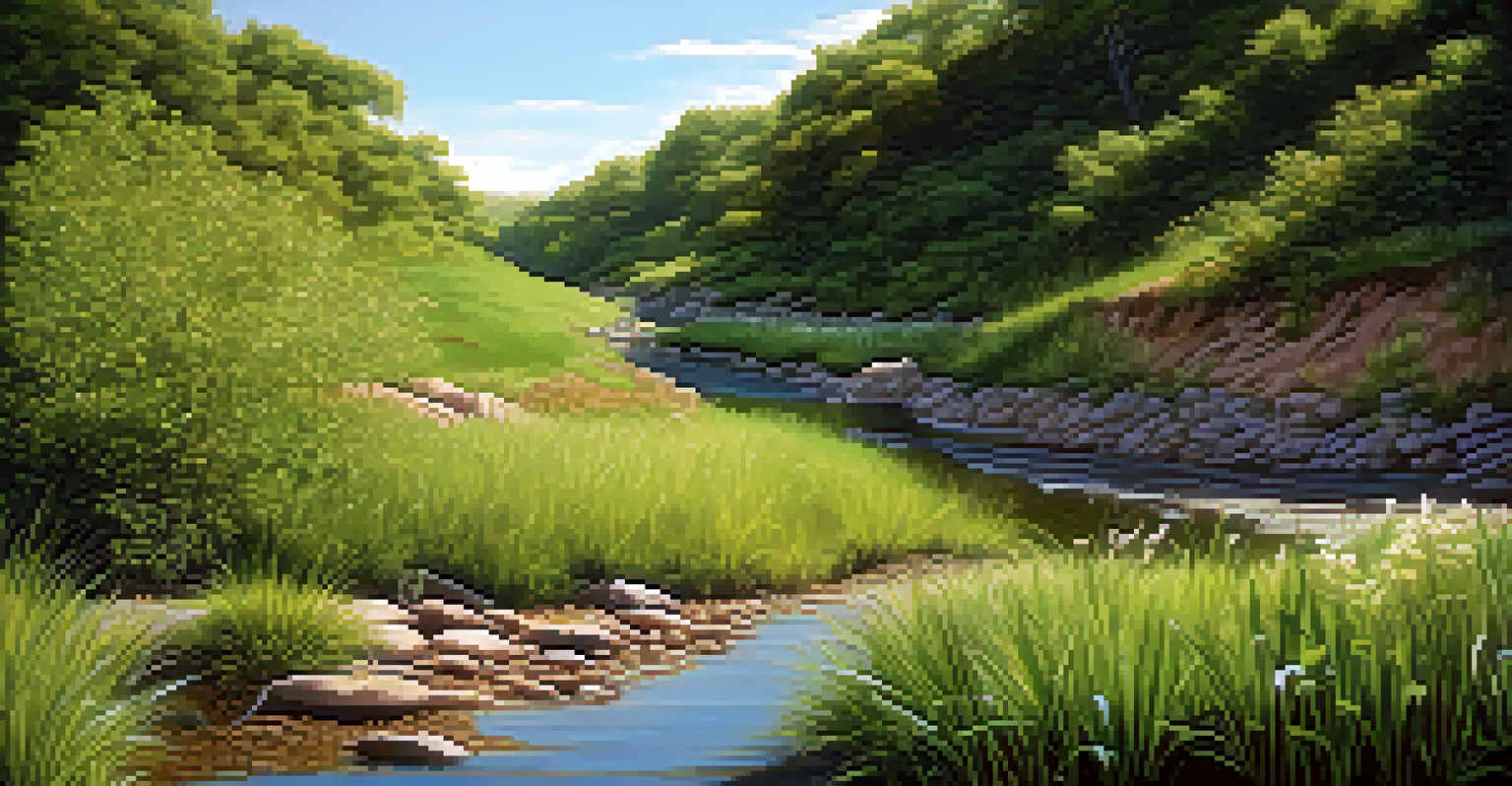 A hillside with native plants preventing soil erosion, alongside a small stream under a clear blue sky.