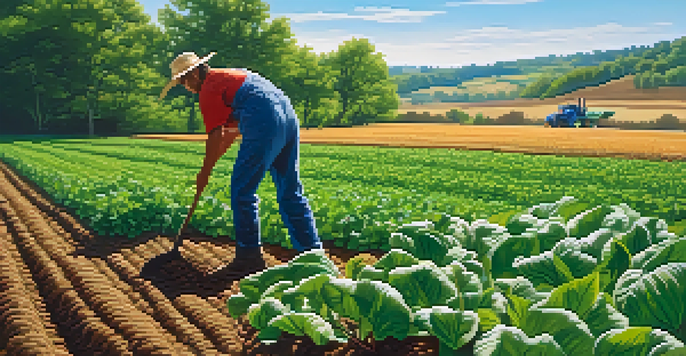 A farmer inspecting healthy crops in a vibrant field under a clear blue sky, demonstrating the importance of soil health.