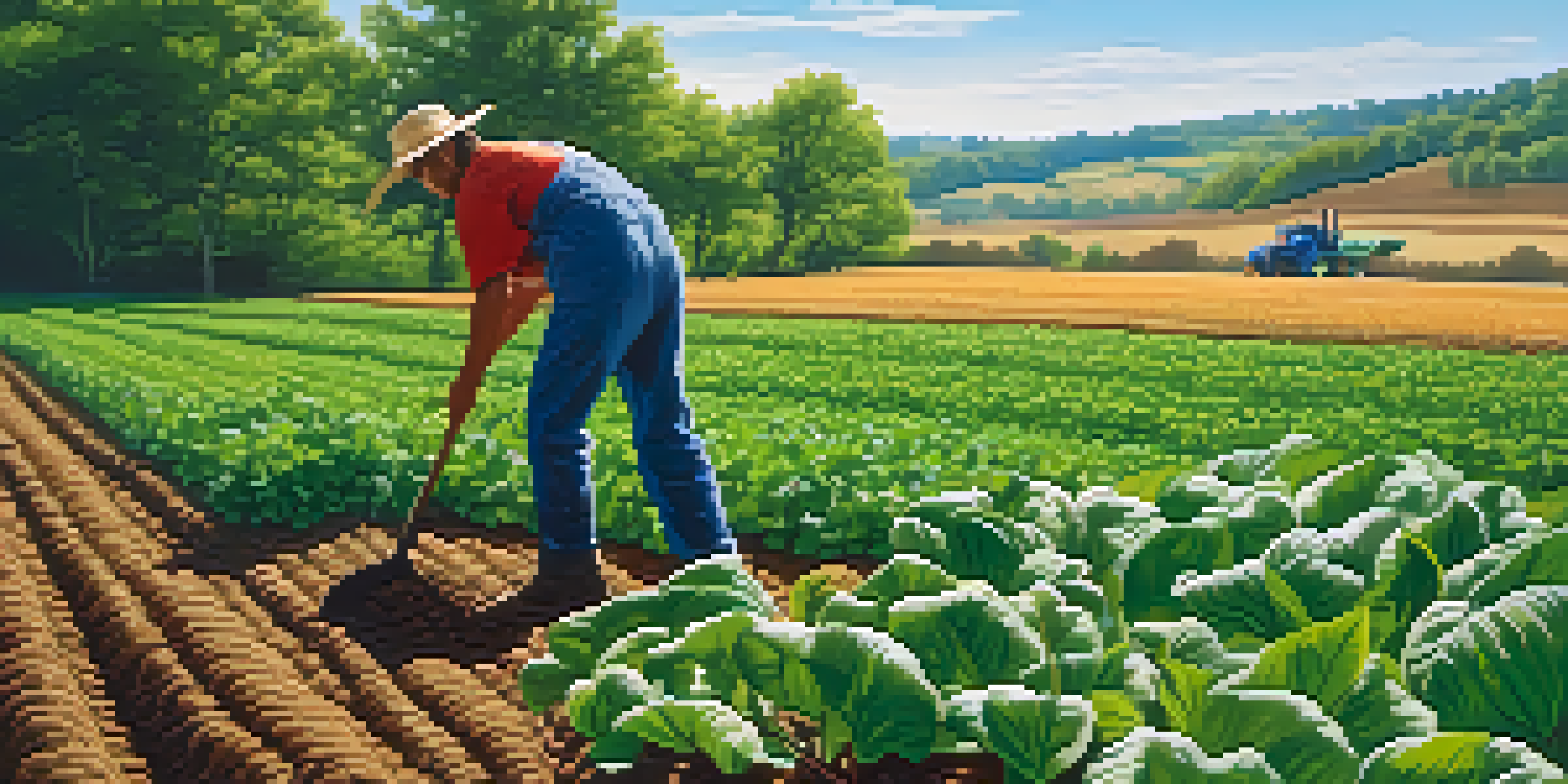 A farmer inspecting healthy crops in a vibrant field under a clear blue sky, demonstrating the importance of soil health.