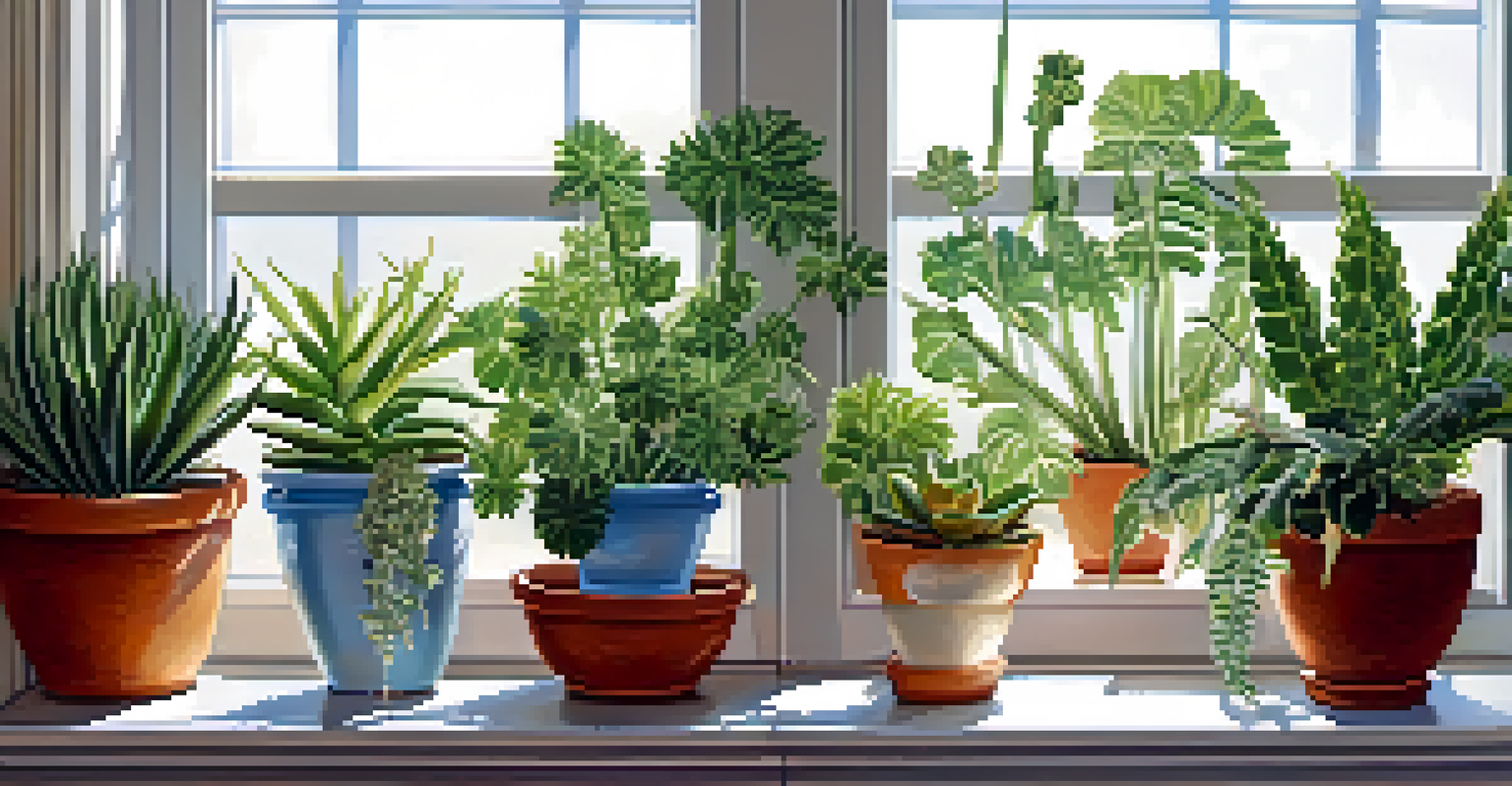 A window display of houseplants, with moisture-loving ferns on one side and drought-resistant succulents on the other, highlighting their contrasting watering needs.