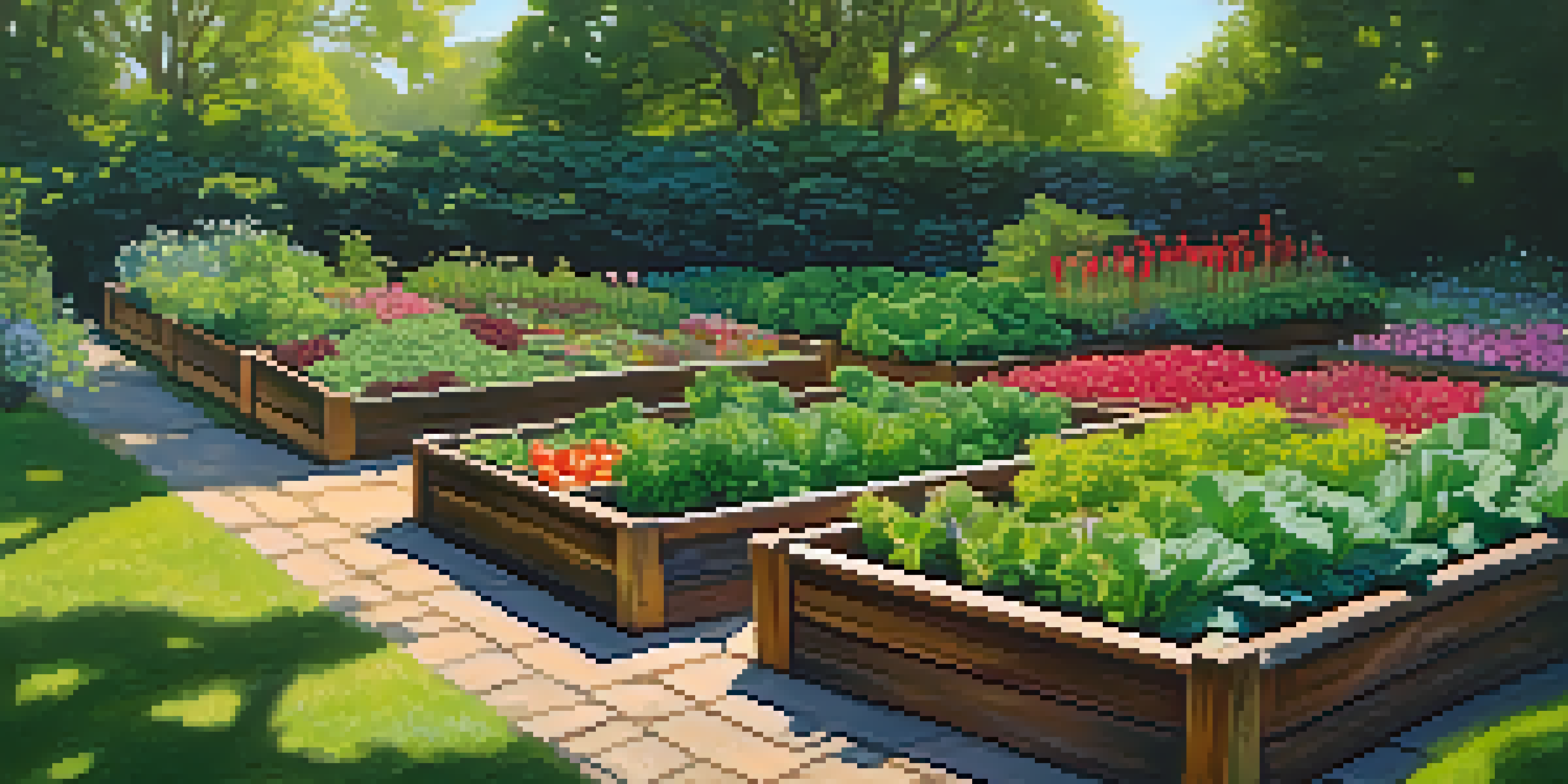A garden with raised wooden beds filled with colorful vegetables and surrounded by flowers, illuminated by soft sunlight.