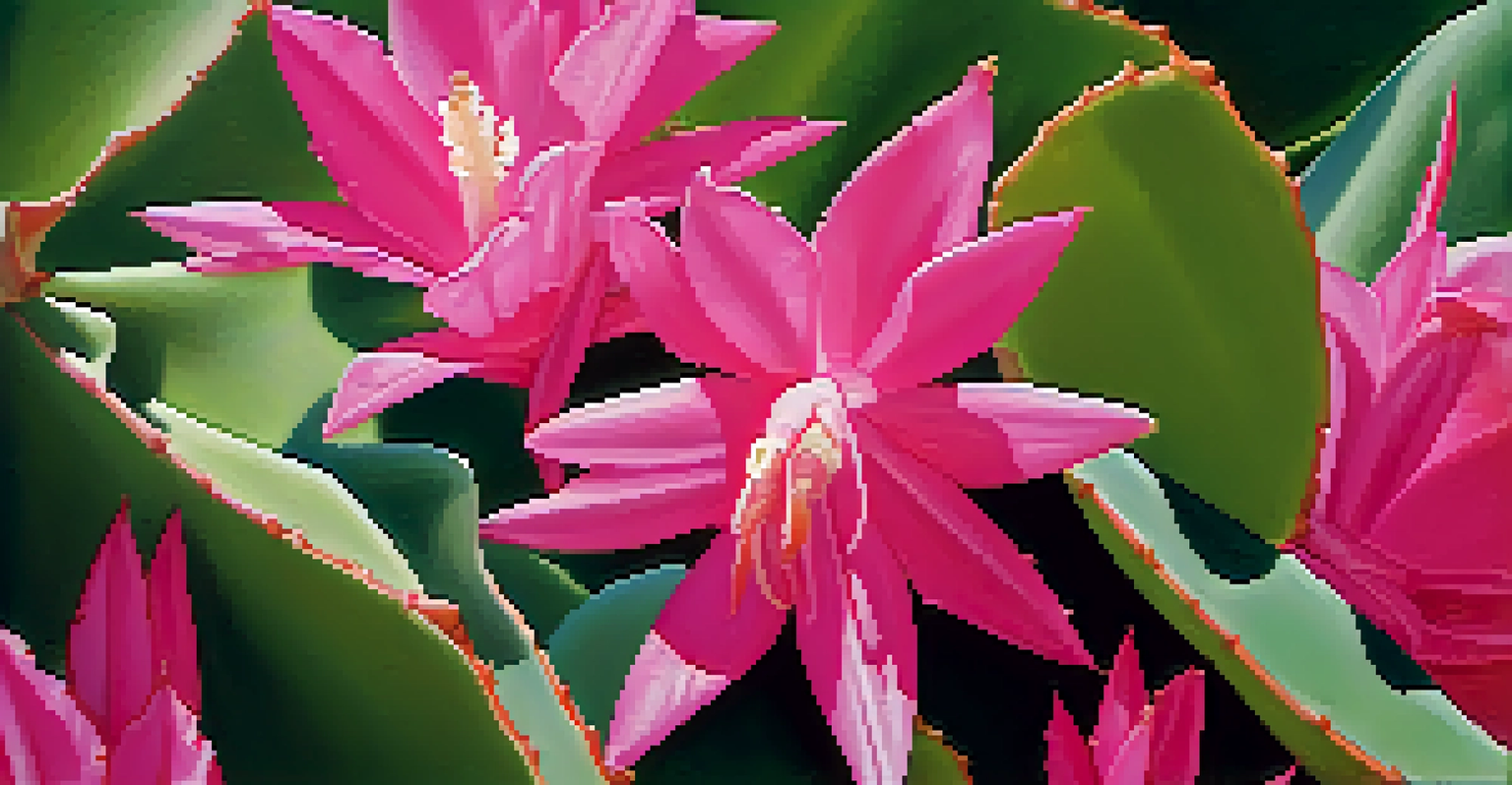 A close-up of a blooming Christmas cactus with pink flowers and green pads, highlighting the cactus's textures and colors.