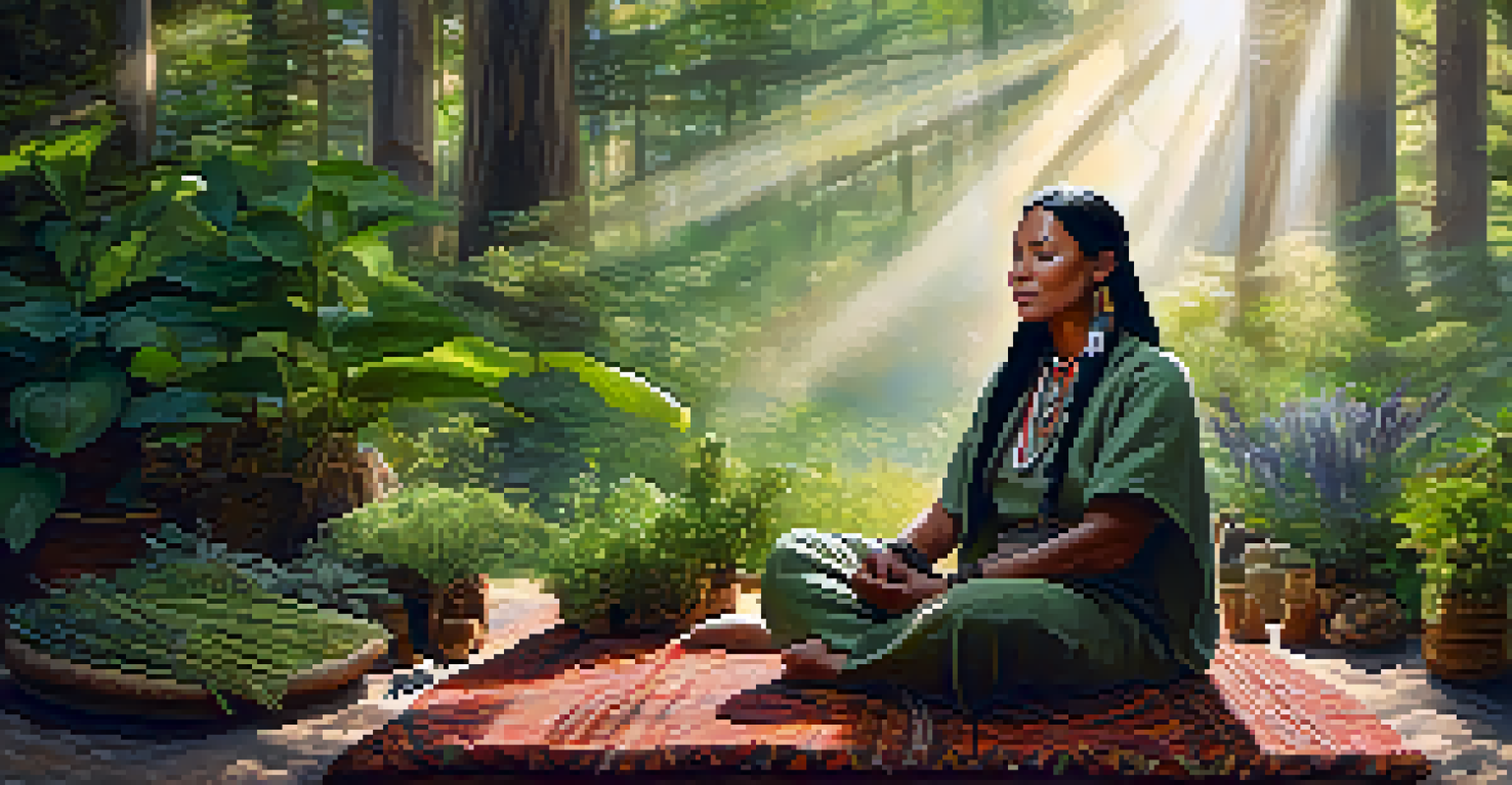 An indigenous healer in traditional clothing, surrounded by medicinal herbs in a sunlit forest.