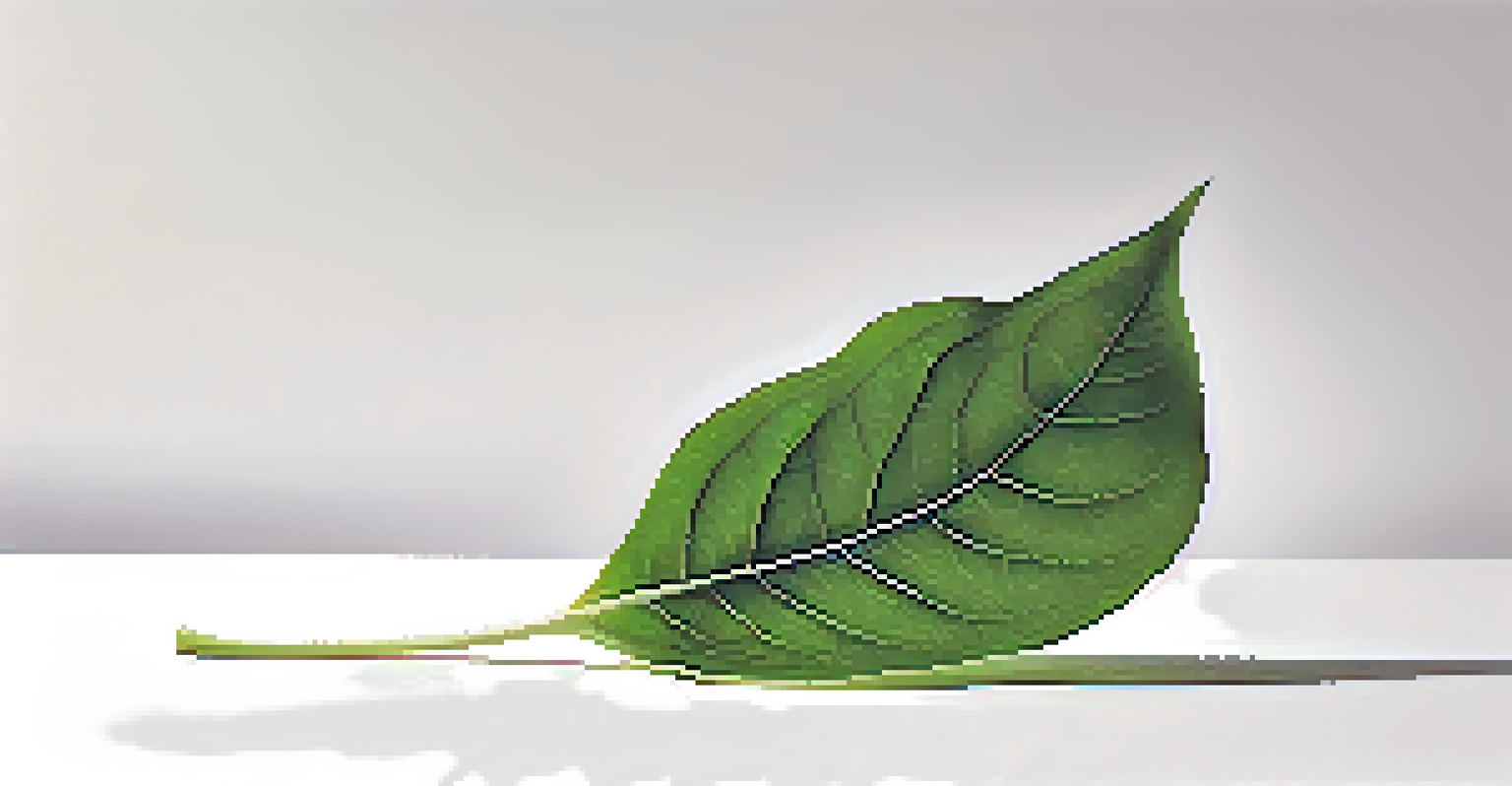 A single green leaf highlighted against a plain white background, showcasing its delicate veins and texture in a minimalist style.