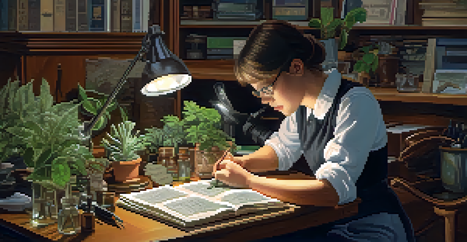 A botanist examining a plant specimen under a microscope at a desk filled with books and glass jars.