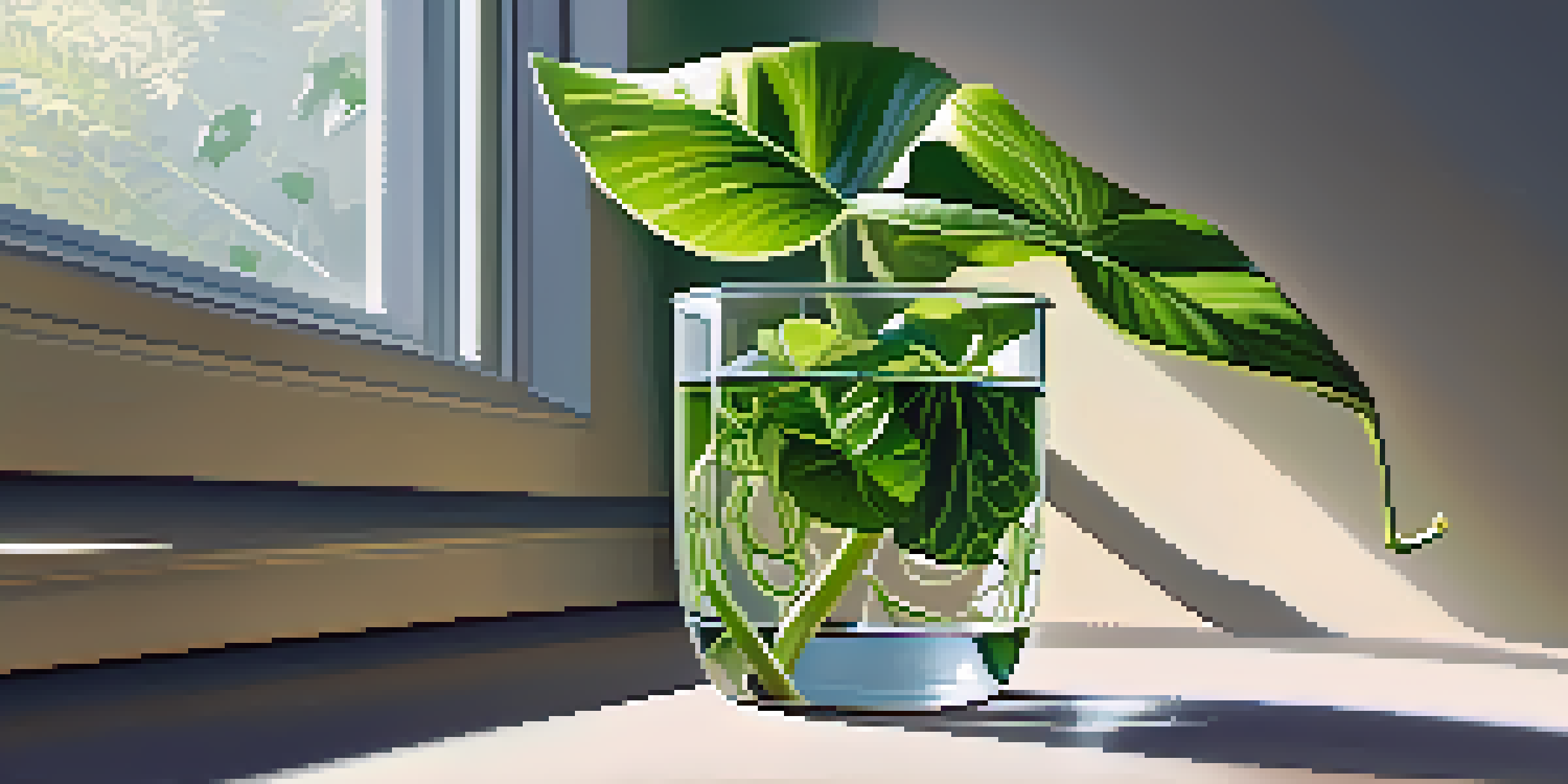 Close-up of a pothos stem cutting in a glass of water with roots forming, sunlight streaming through a window, blurred green foliage in the background.