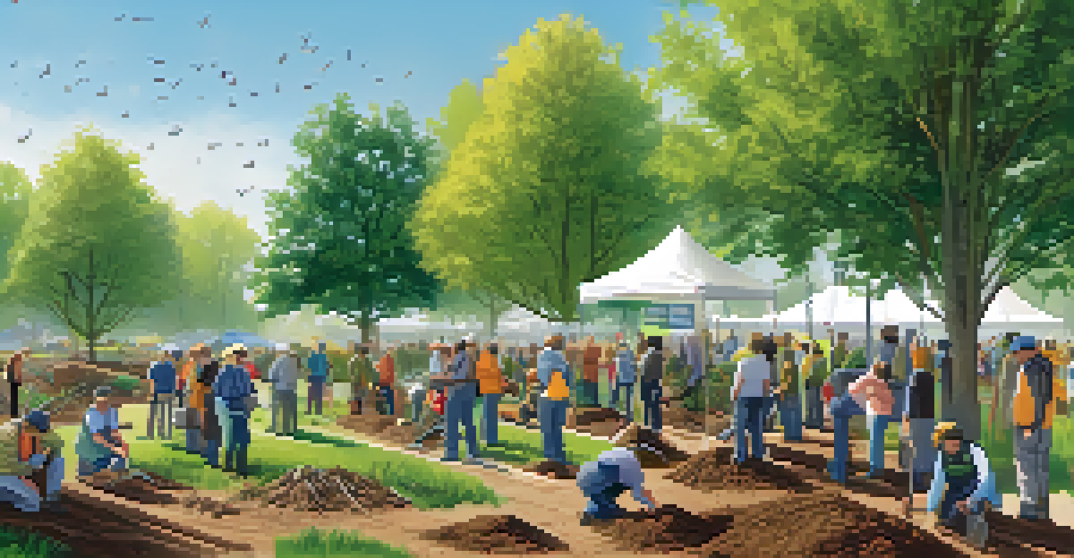 A community gathering planting trees and crops to prevent soil erosion, with diverse individuals working together in a sunny park.