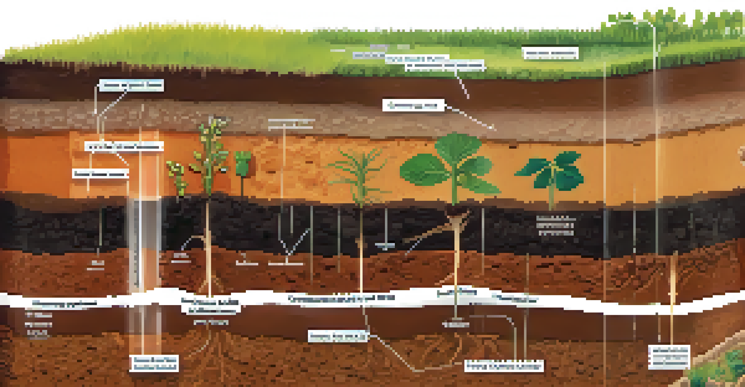 A cross-section of soil layers displaying various plant root systems and their adaptations to soil conditions.