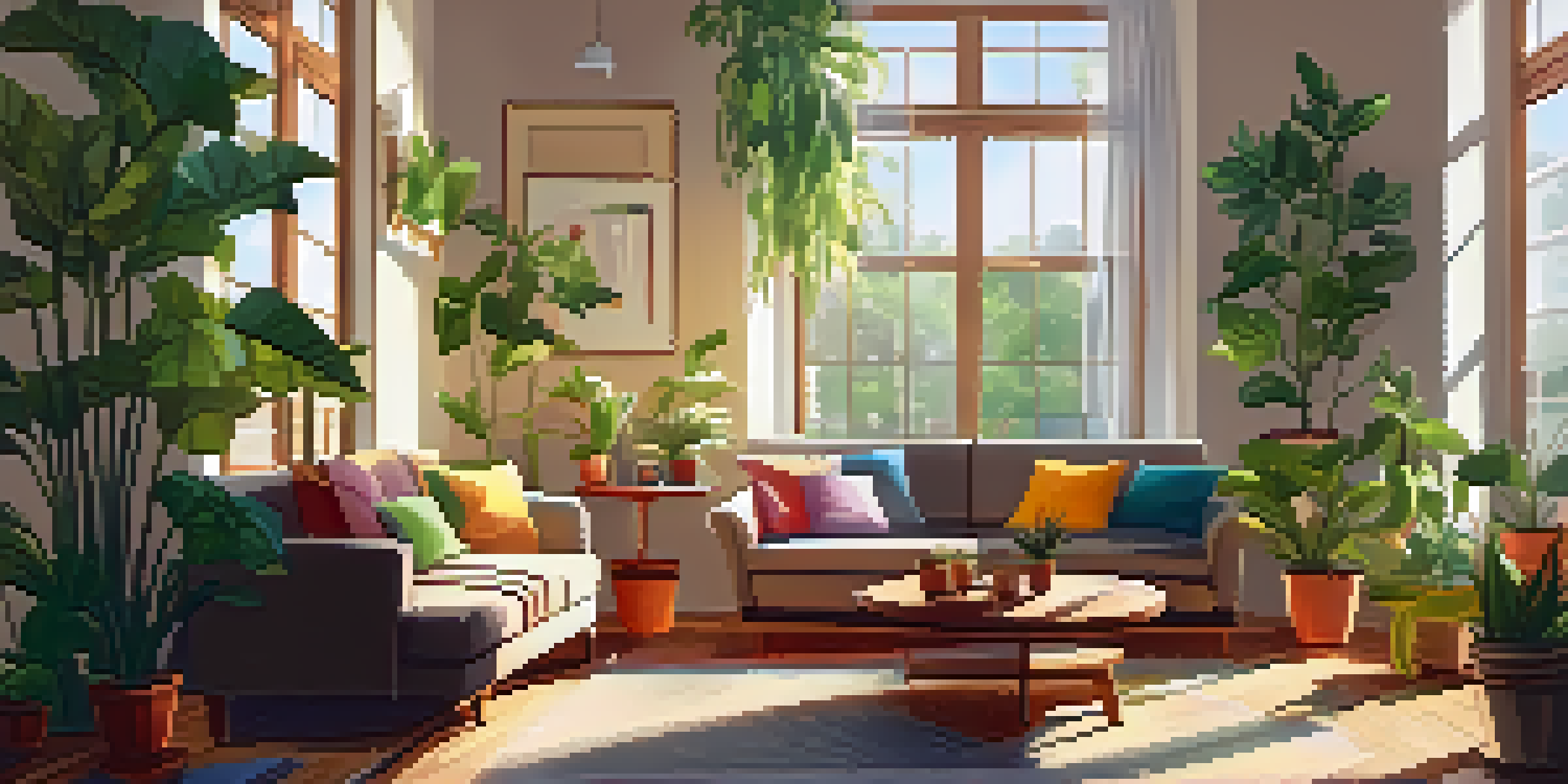 A cozy living room decorated with various indoor plants, sunlight streaming through the window, and a comfortable sofa.