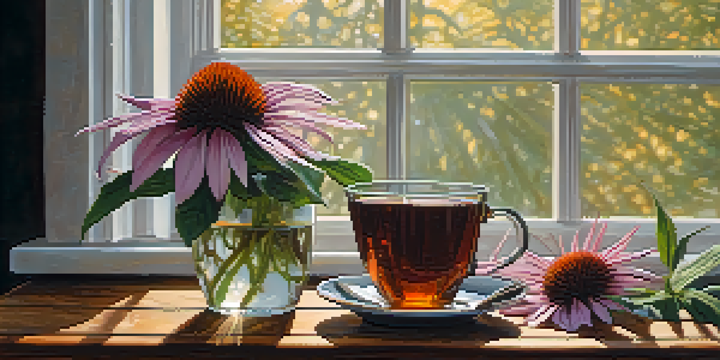 A cup of Echinacea tea on a wooden table with dried flowers and leaves around it, illuminated by natural light.