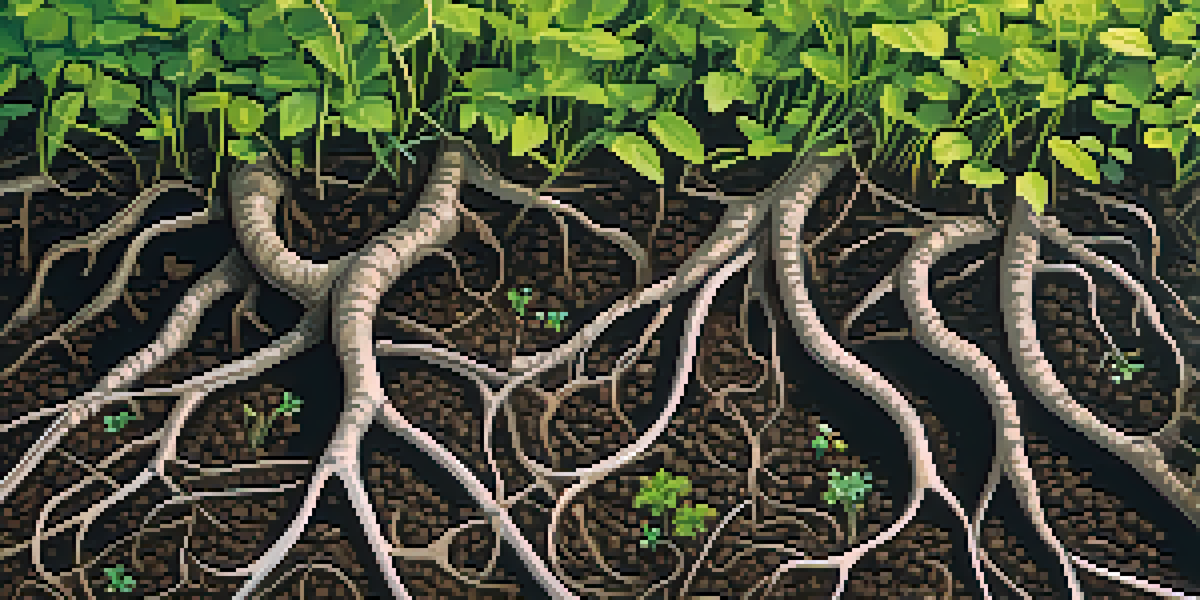A close-up view of soil showing intertwined plant roots, with sunlight filtering through leaves and vibrant grass and wildflowers around.