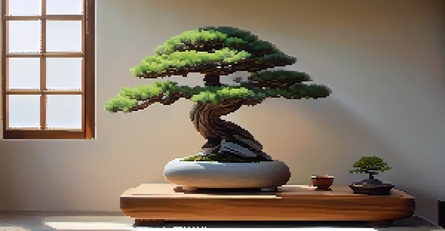 A tranquil indoor space showcasing a single, meticulously shaped bonsai tree on a minimalist shelf, illuminated by warm light with a view of a garden in the background.