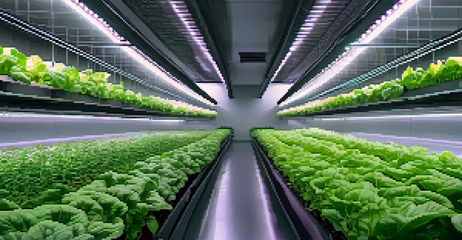 An indoor vertical farming setup featuring rows of green plants under grow lights, showcasing a hydroponics system with water and nutrient delivery.