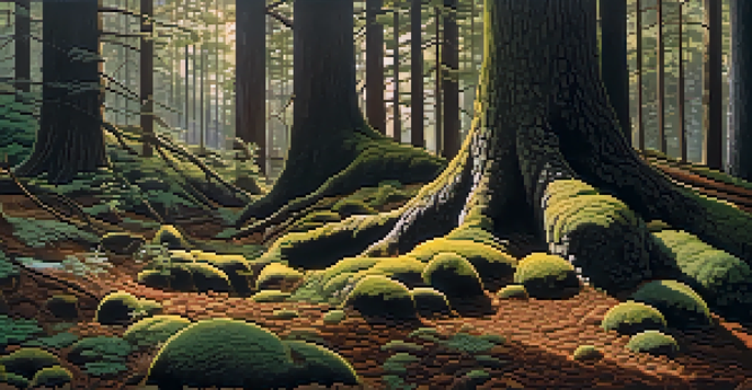 A colorful forest with trees and visible roots intertwined with fungi, illuminated by sunlight.