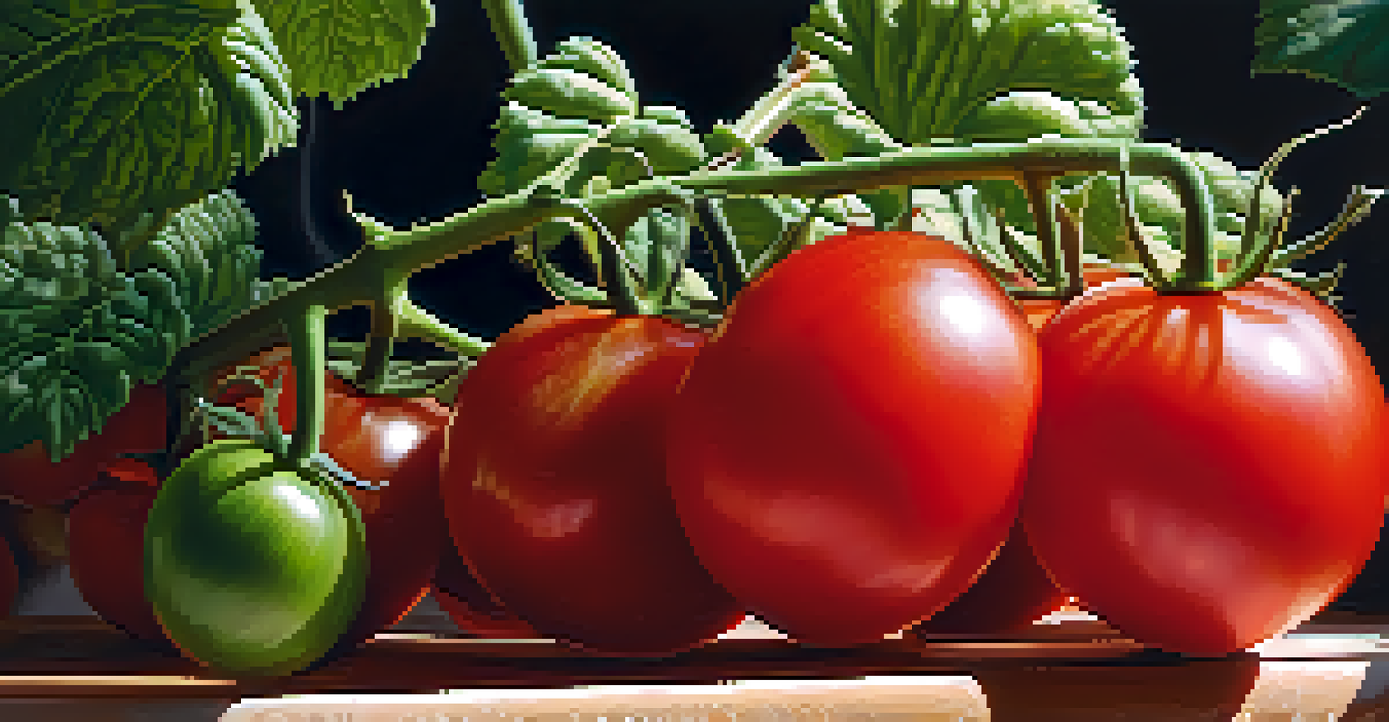 Close-up of ripe red hydroponic tomatoes growing vertically in a home garden setup, with green leaves and soft natural lighting.